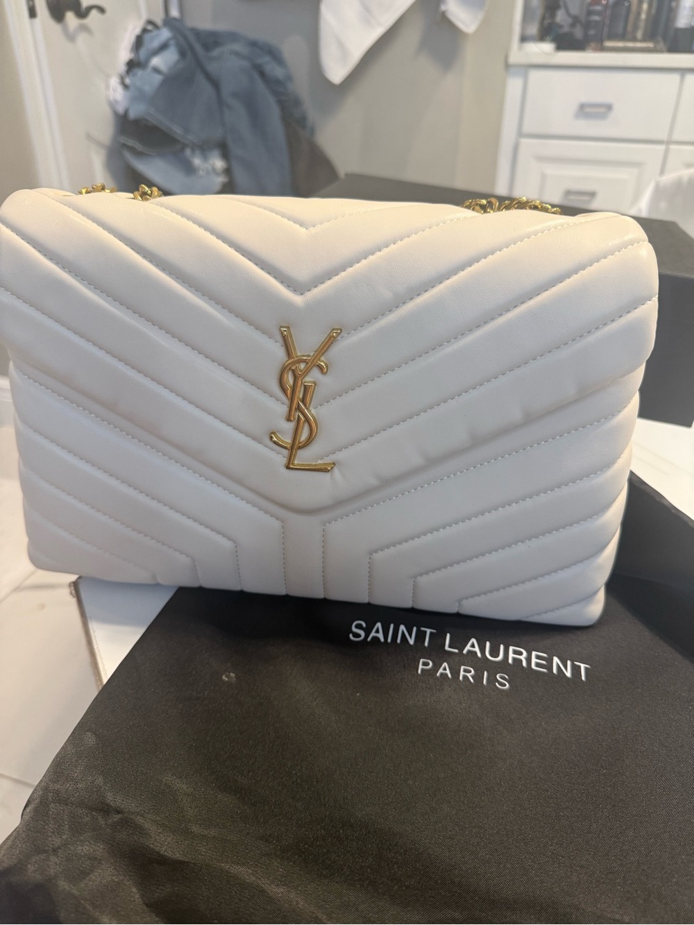 Saint Laurent Cream Quilted Leather Shoulder Bag with Gold YSL Logo